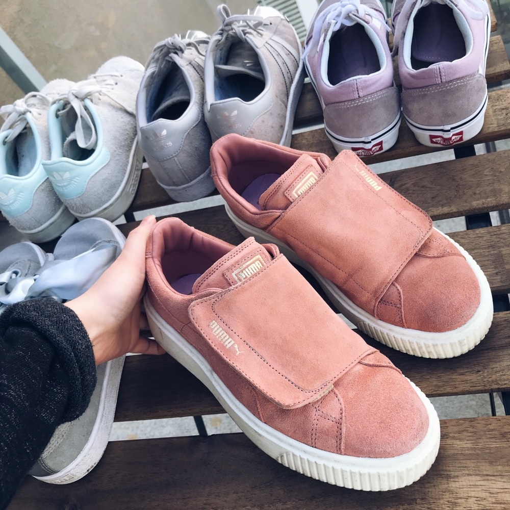 Puma suede pink strap platform sneakers